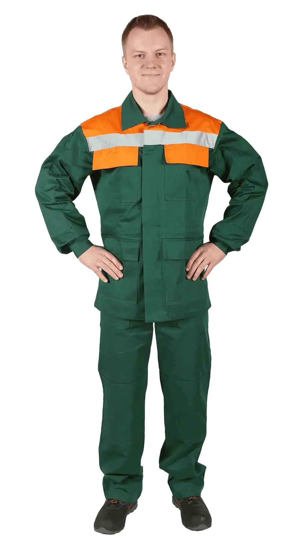 Костюм рабочий мужской летний RONTA KSVOLGA с полукомбинезоном темно-зеленый, оранжевый