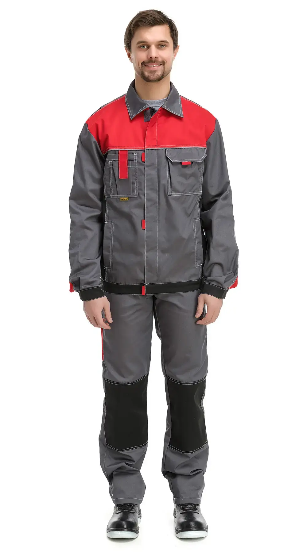 Костюм рабочий мужской летний RONTA KS212 с полукомбинезоном темно-серый, красный, черный