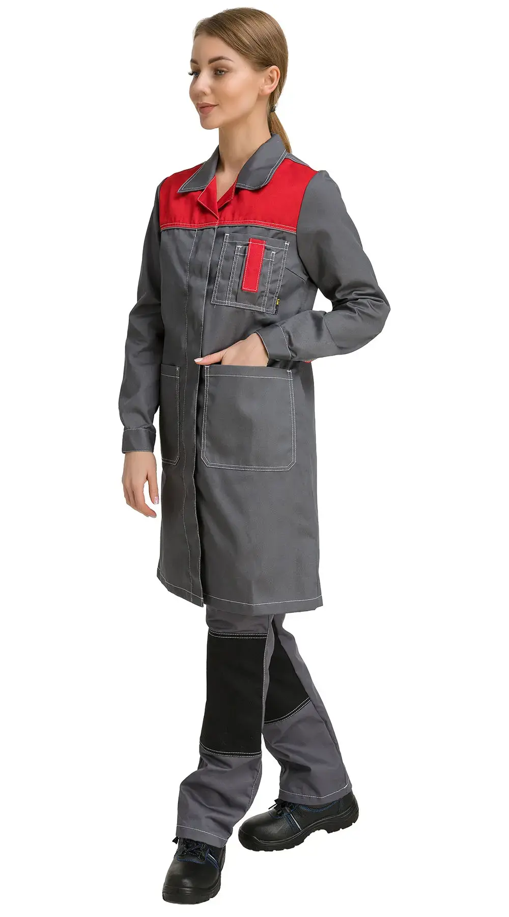 Халат рабочий женский летний RONTA HL101 темно-серый, красный