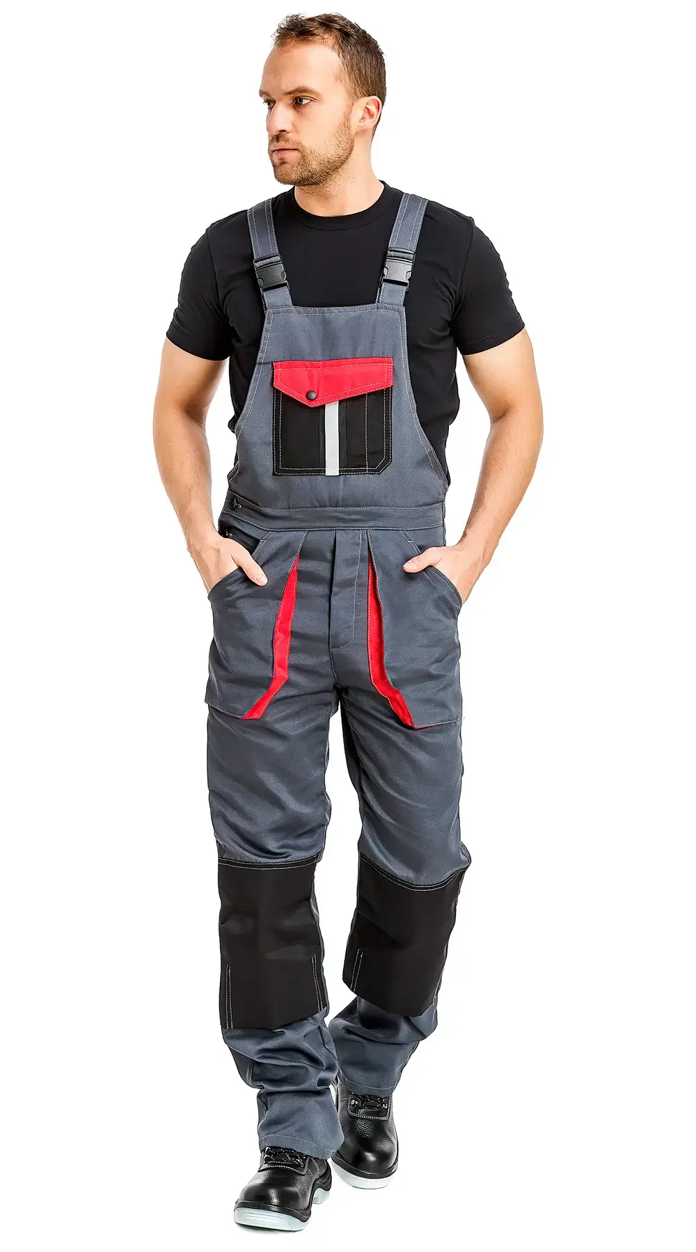 Костюм рабочий мужской летний RONTA KS818 с полукомбинезоном темно-серый, черный, красный