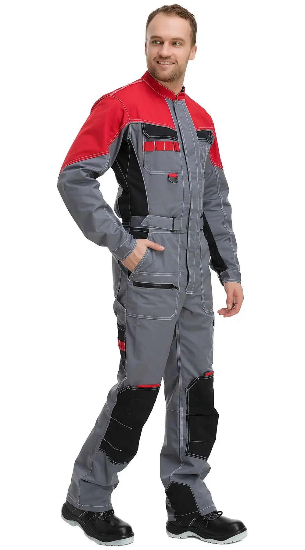 Комбинезон мужской летний Техноавиа "Реал" светло-серый, темно-серый, красный