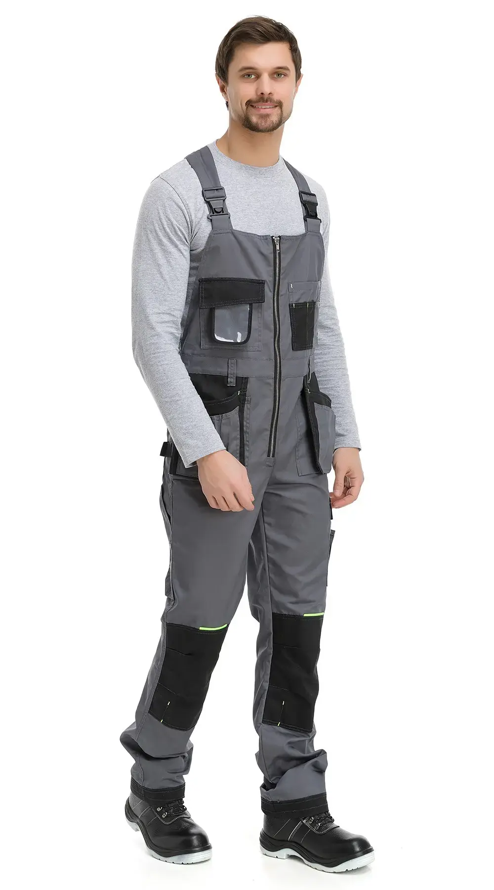 Полукомбинезон рабочий мужской летний RONTA PL205 темно-серый, черный, лаймовый