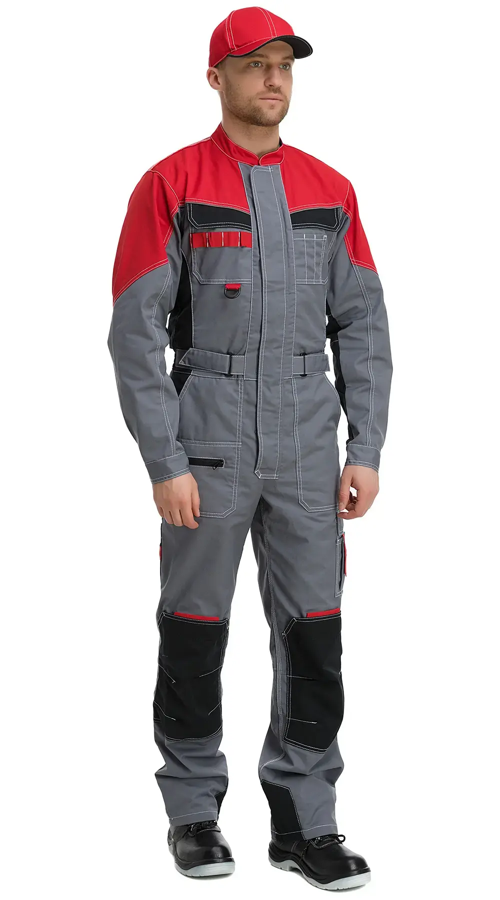 Комбинезон мужской летний Техноавиа "Реал" светло-серый, темно-серый, красный