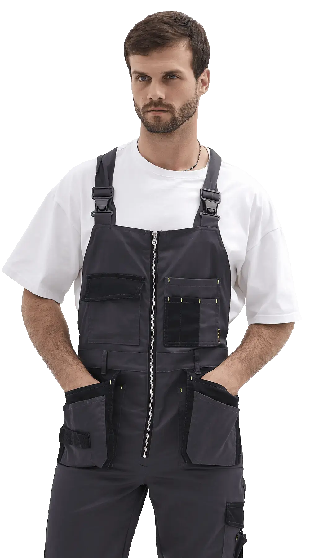 Полукомбинезон рабочий мужской летний RONTA PL813 темно-серый, черный, лаймовый