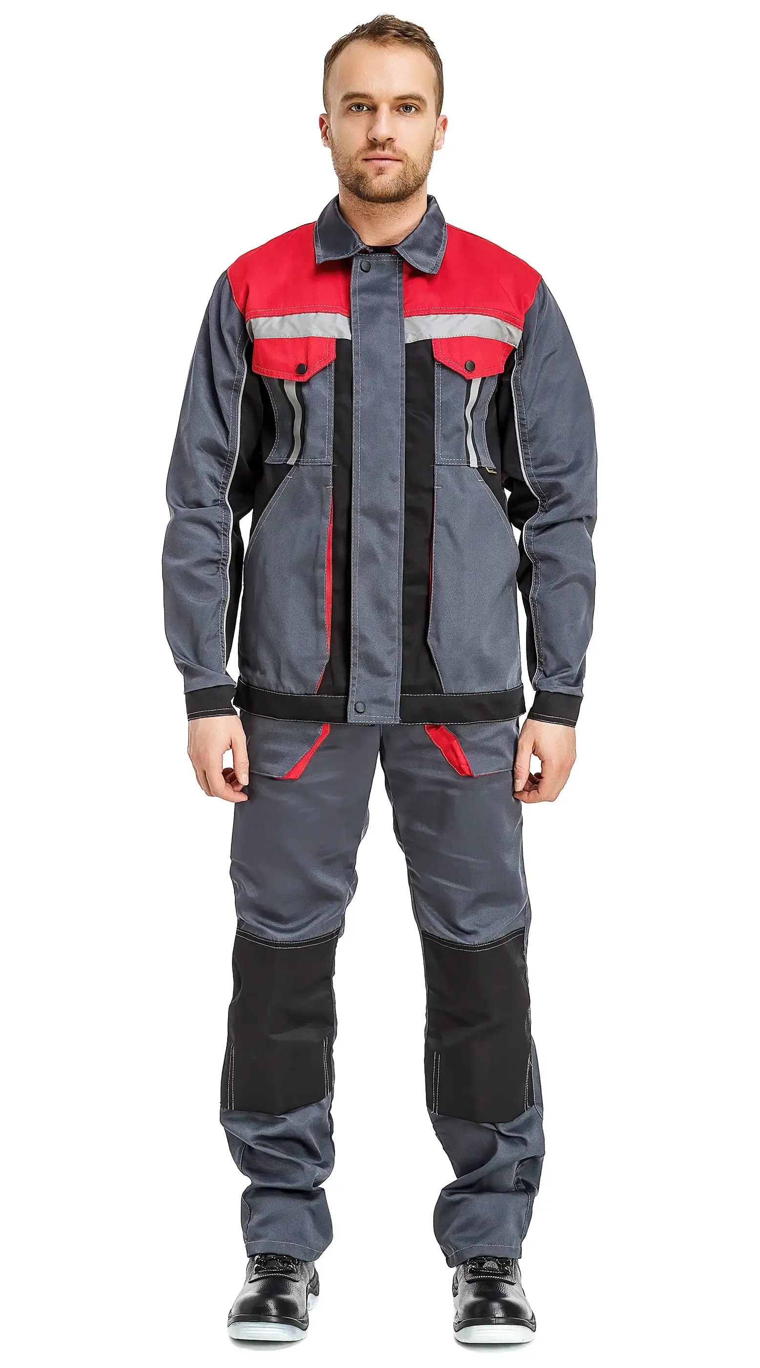 Костюм рабочий мужской летний RONTA KS818 с полукомбинезоном темно-серый, черный, красный