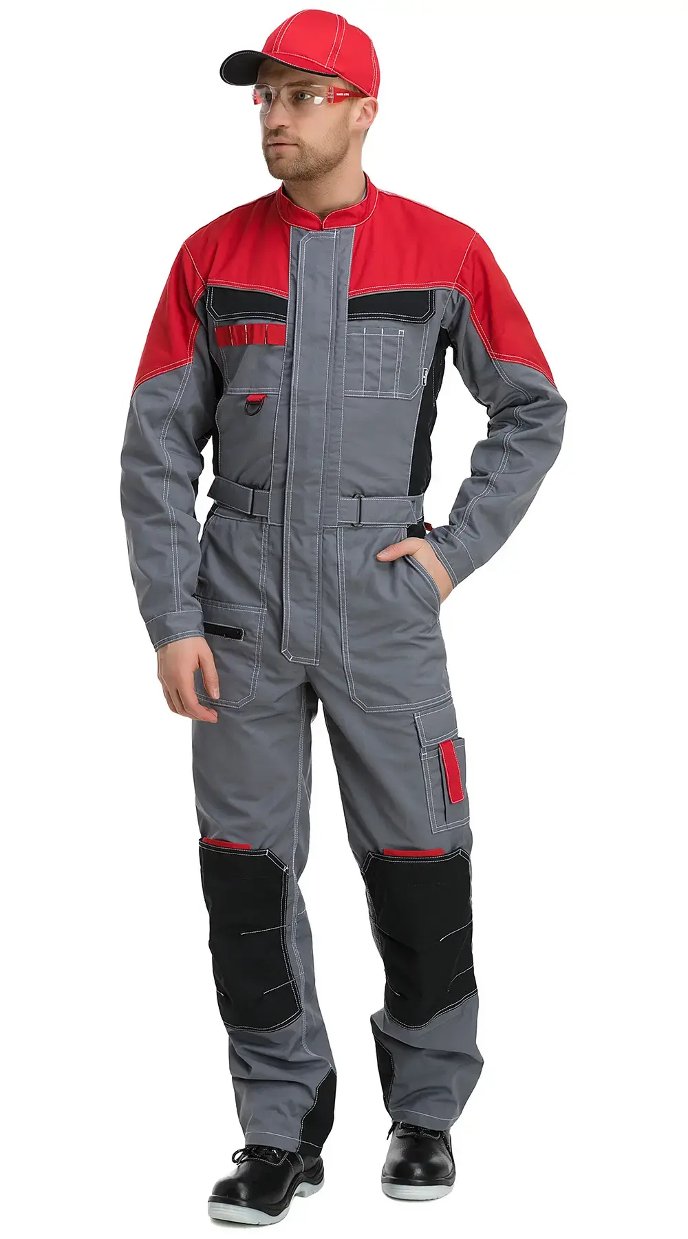 Комбинезон мужской летний Техноавиа "Реал" светло-серый, темно-серый, красный