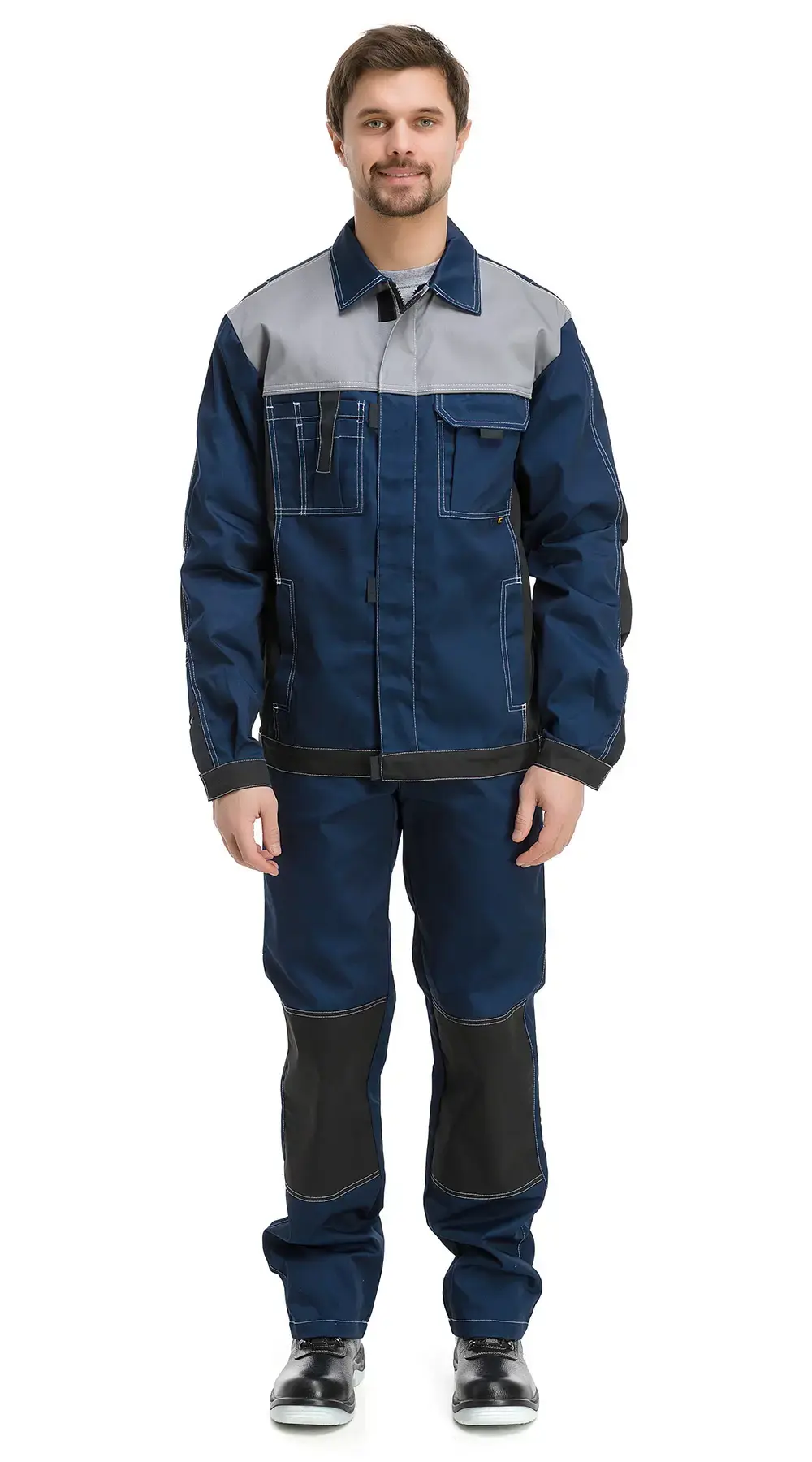 Костюм рабочий мужской летний RONTA KS212 с полукомбинезоном темно-синий, серый, черный