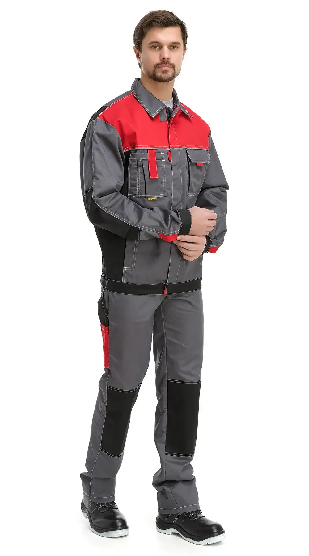 Костюм рабочий мужской летний RONTA KS212 с полукомбинезоном темно-серый, красный, черный