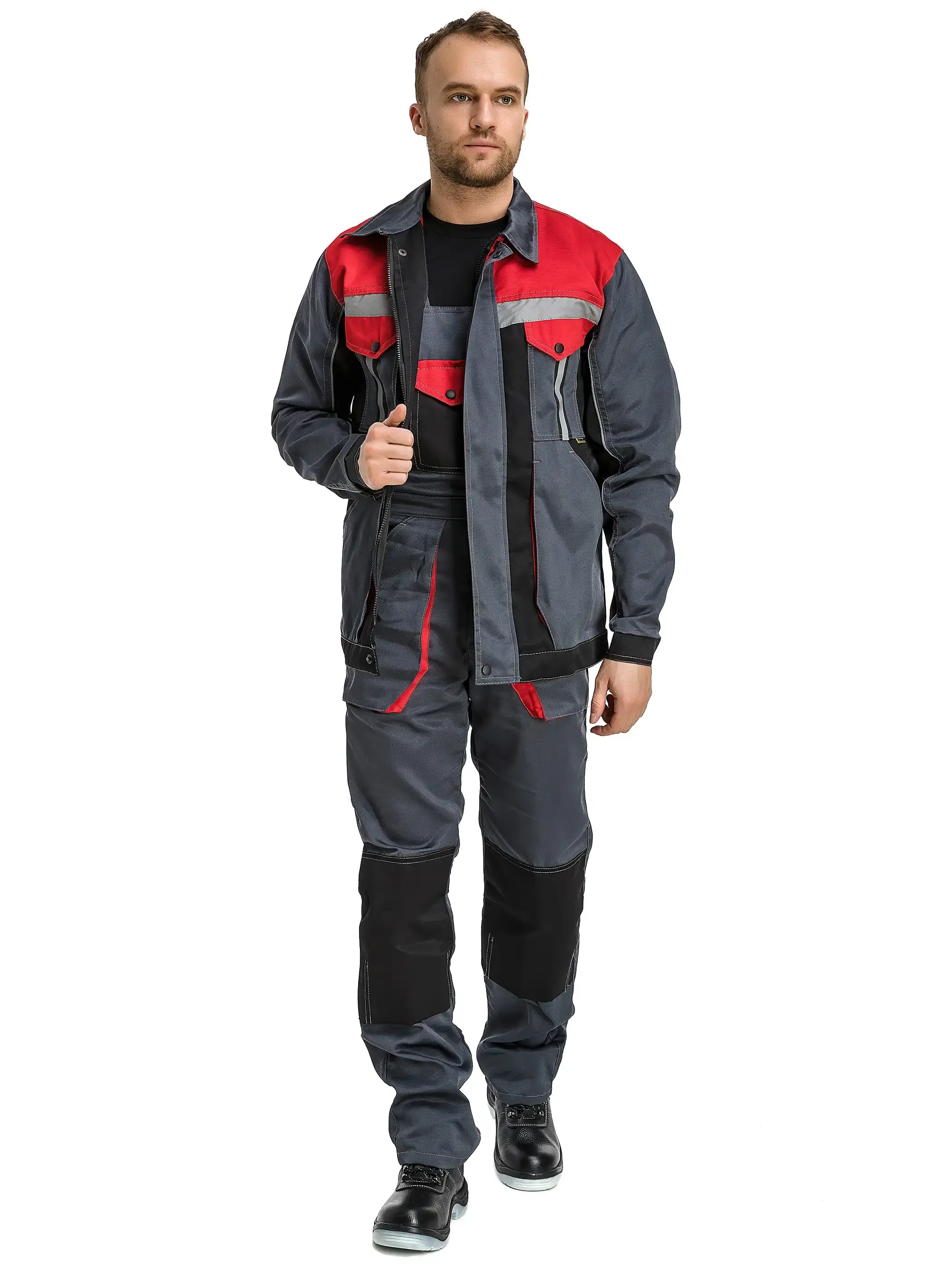 Костюм рабочий мужской летний RONTA KS818 с полукомбинезоном темно-серый, черный, красный