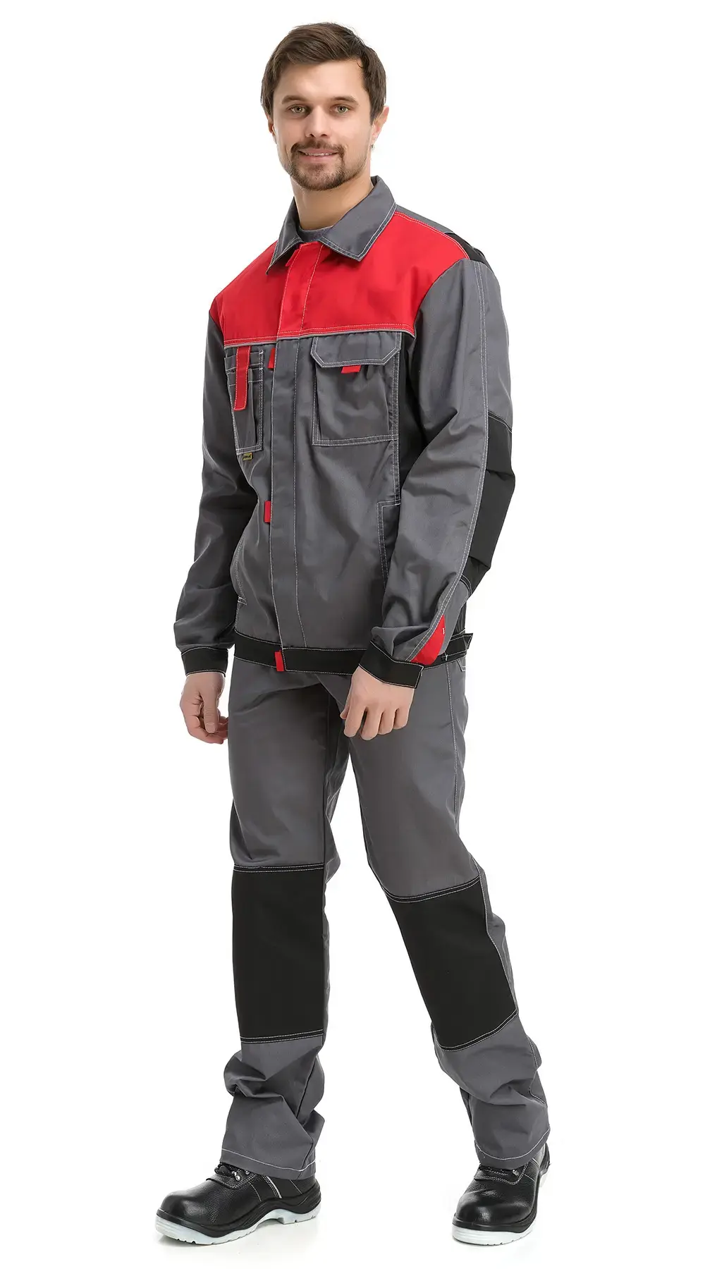 Костюм рабочий мужской летний RONTA KS212 с полукомбинезоном темно-серый, красный, черный