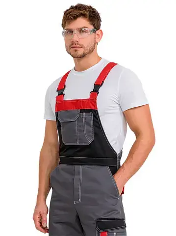 Полукомбинезон рабочий мужской летний RONTA PL207 темно-cерый, черный, красный