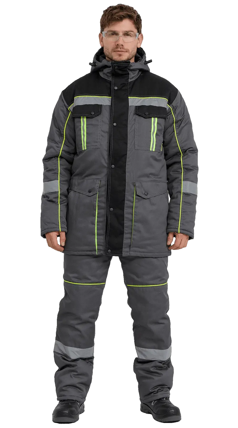 Костюм рабочий мужской утепленный зимний RONTA KS580 с полукомбинезоном т.серый, черный, лайм
