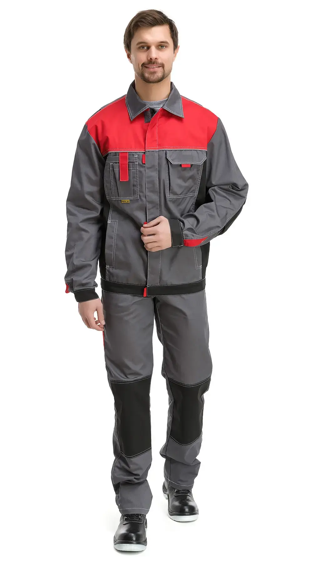 Костюм рабочий мужской летний RONTA KS212 с полукомбинезоном темно-серый, красный, черный