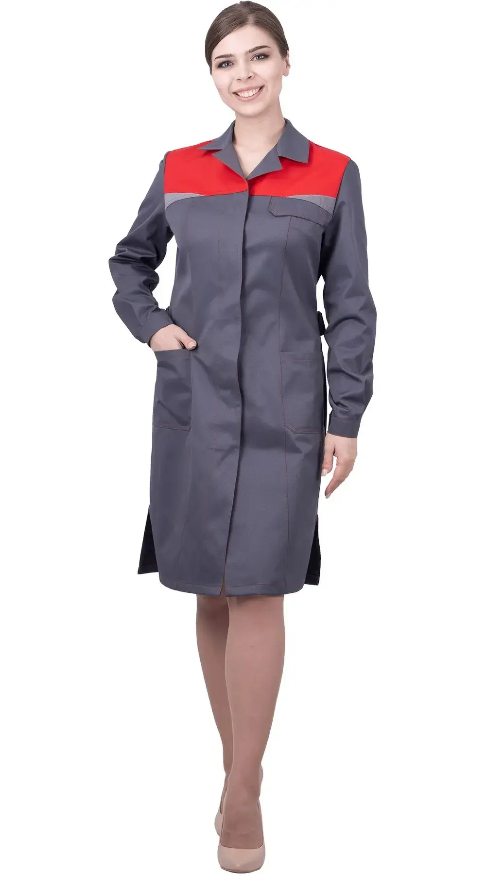 Халат рабочий женский летний RONTA HL8  темно-серый, красный