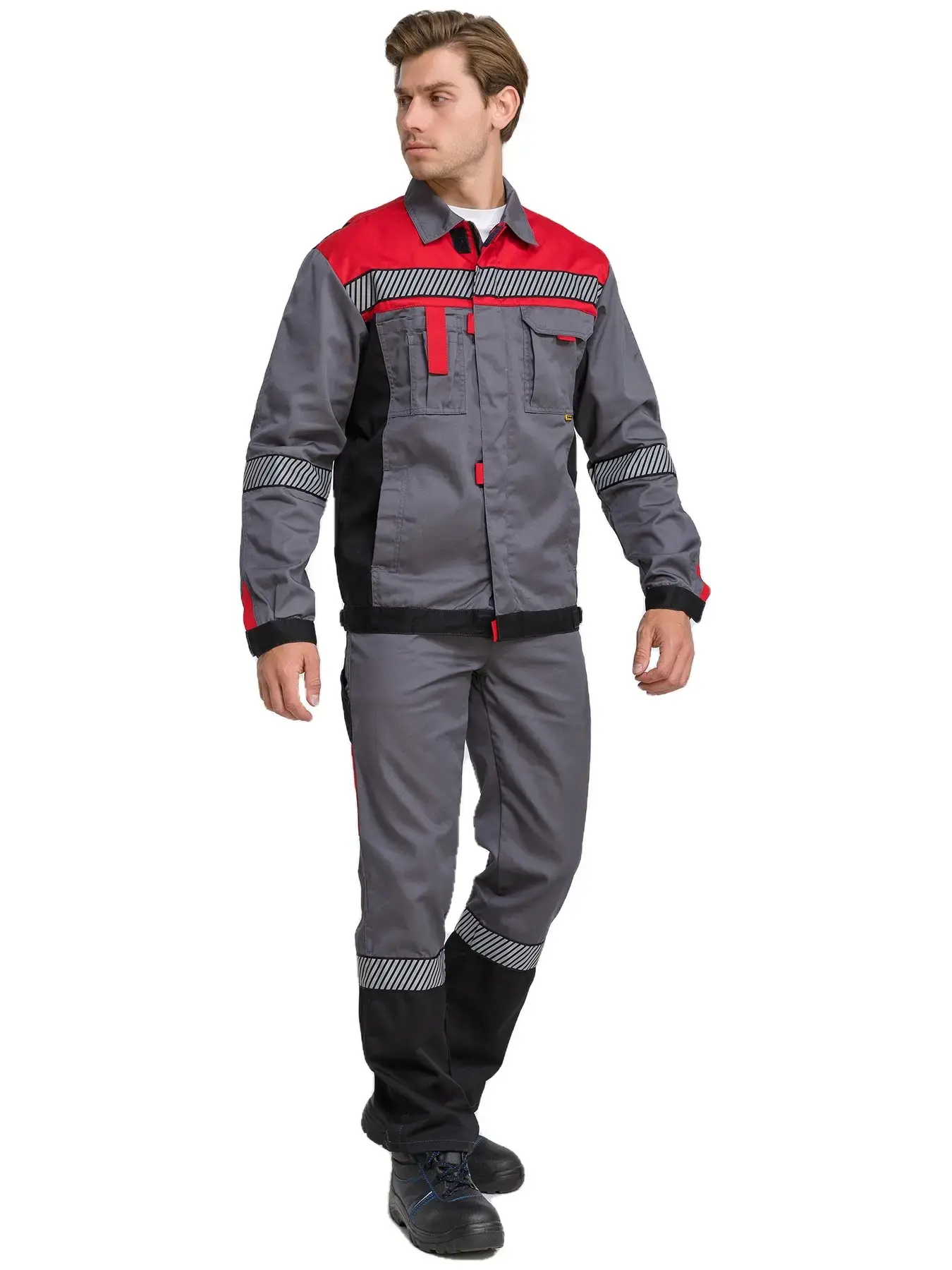 Костюм рабочий мужской летний RONTA KS262 с полукомбинезоном темно-серый, красный, черный