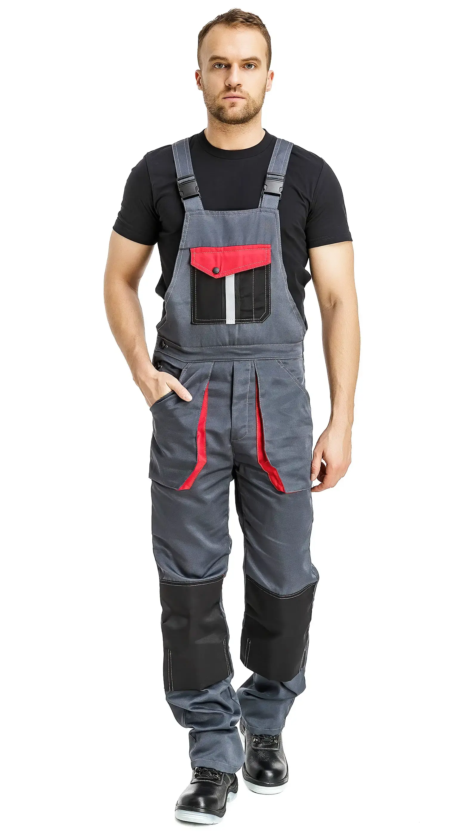 Костюм рабочий мужской летний RONTA KS818 с полукомбинезоном темно-серый, черный, красный