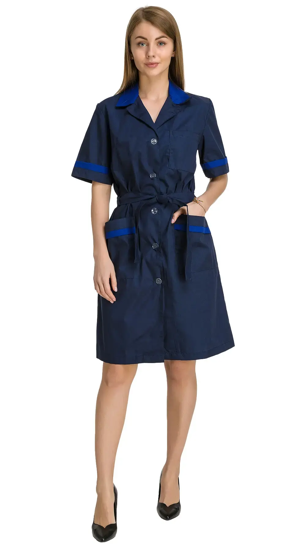 Халат рабочий женский летний RONTA HL508 темно-синий, васильковый