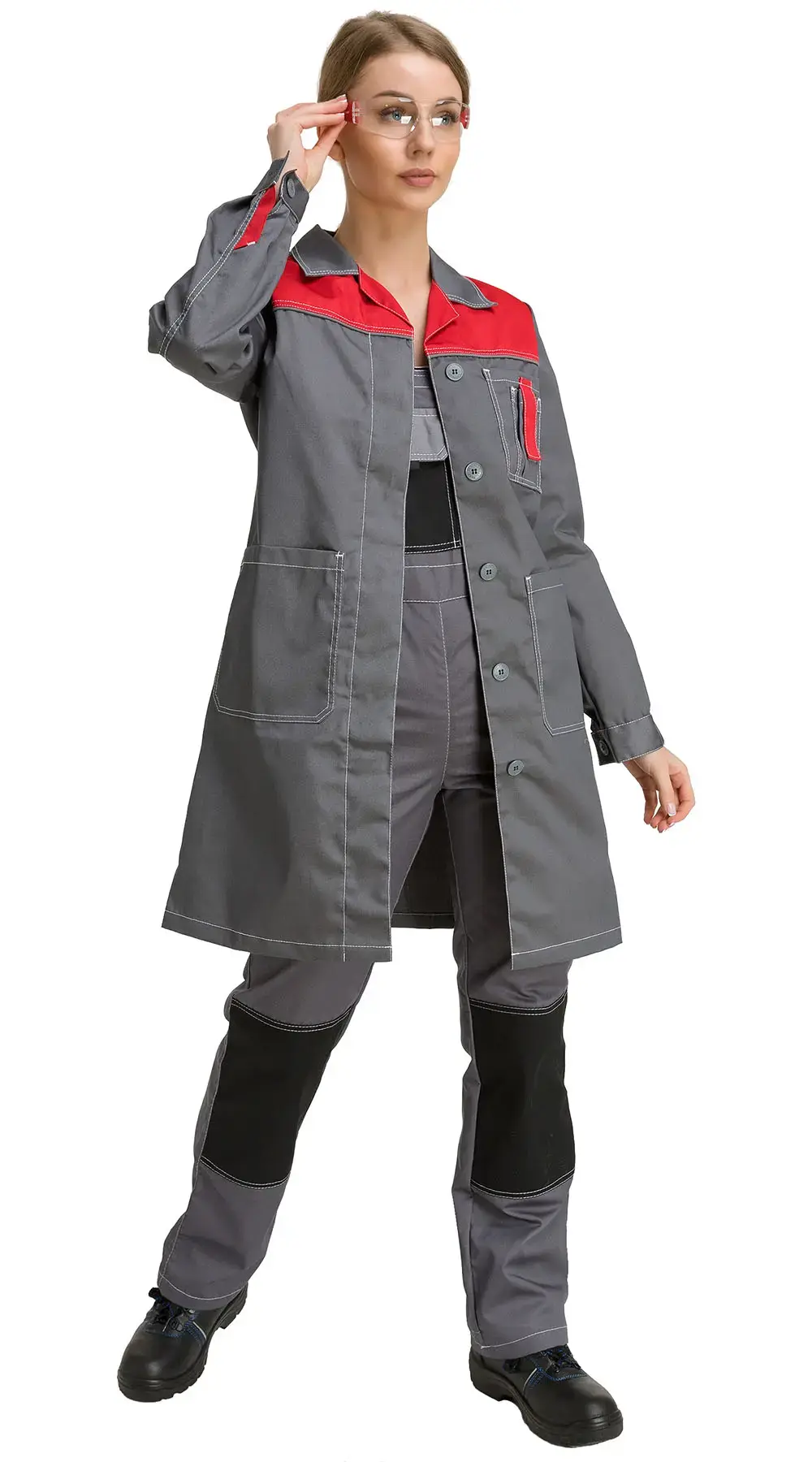 Халат рабочий женский летний RONTA HL101 темно-серый, красный