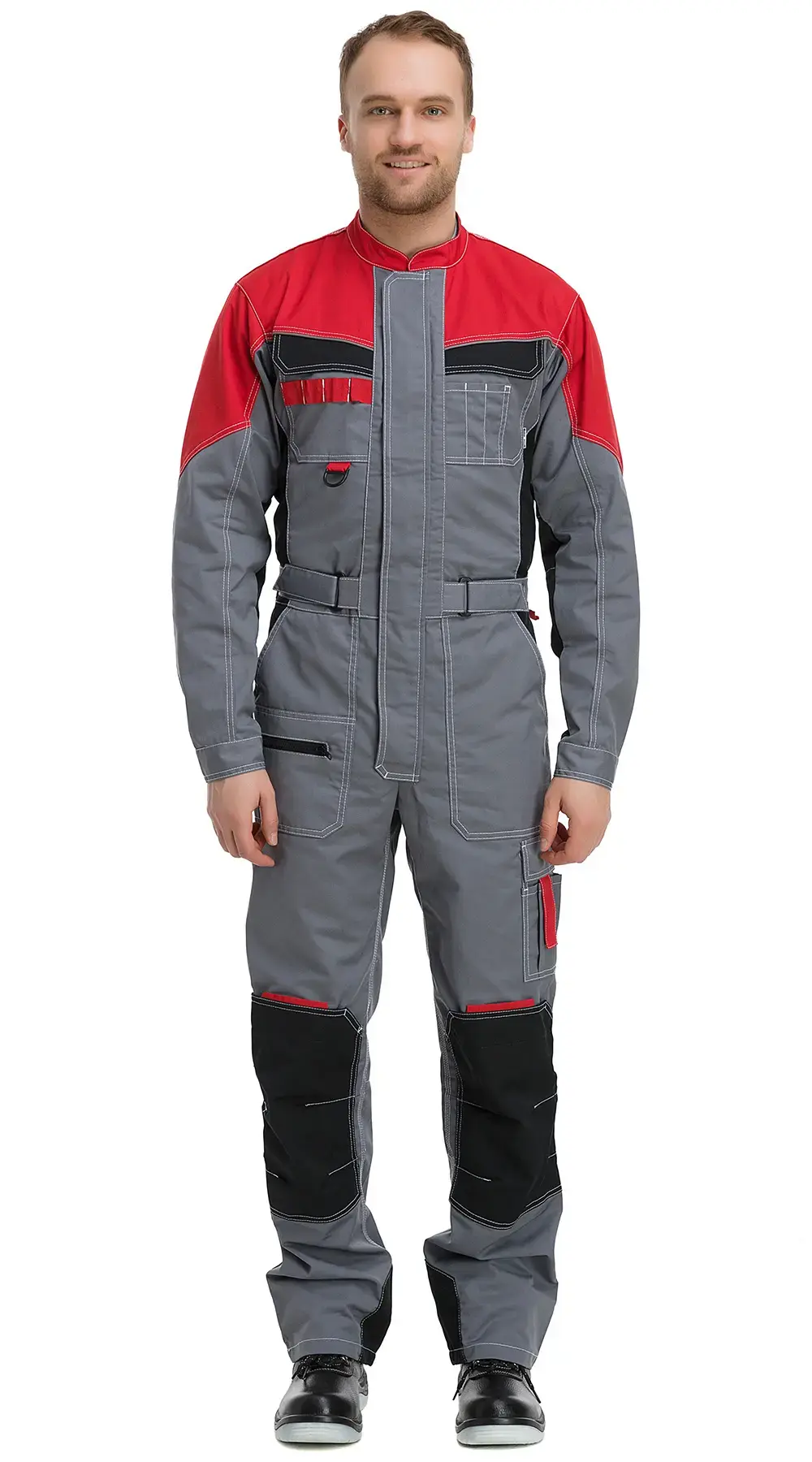 Комбинезон мужской летний Техноавиа "Реал" светло-серый, темно-серый, красный