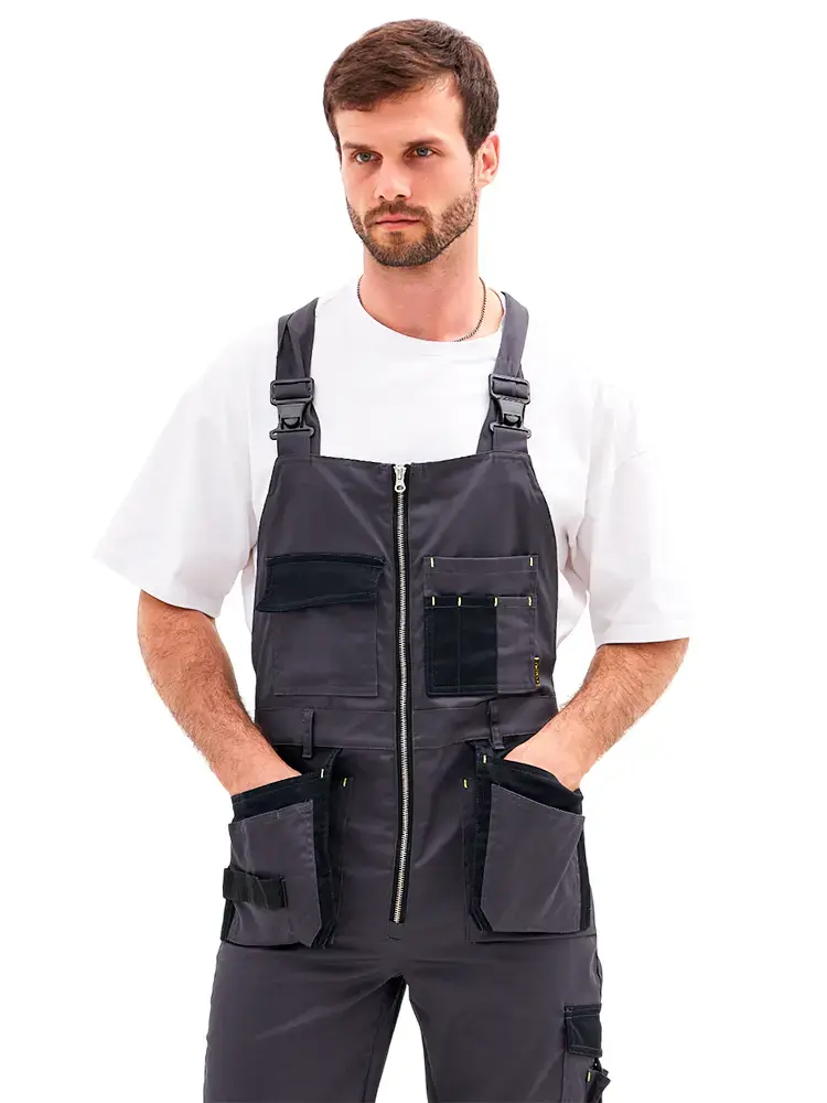 Полукомбинезон рабочий мужской летний RONTA PL813 темно-серый, черный, лаймовый