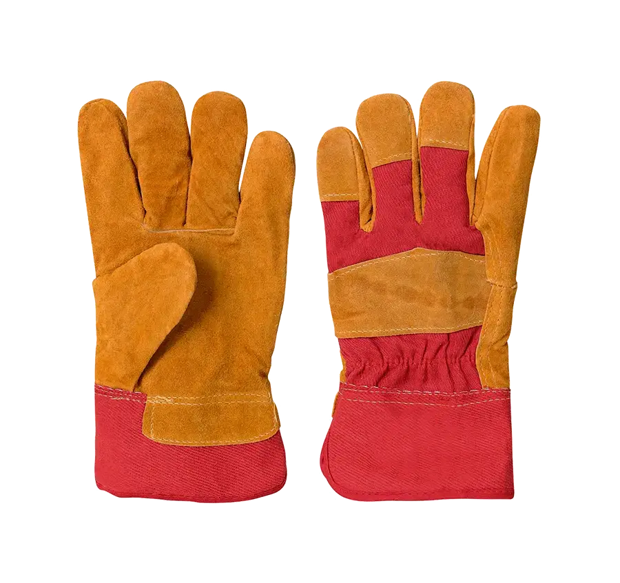 Перчатки спилковые желтый/красный, иск. мех