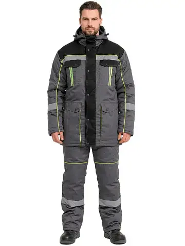 Костюм рабочий мужской утепленный зимний RONTA KS580 с полукомбинезоном т.серый, черный, лайм