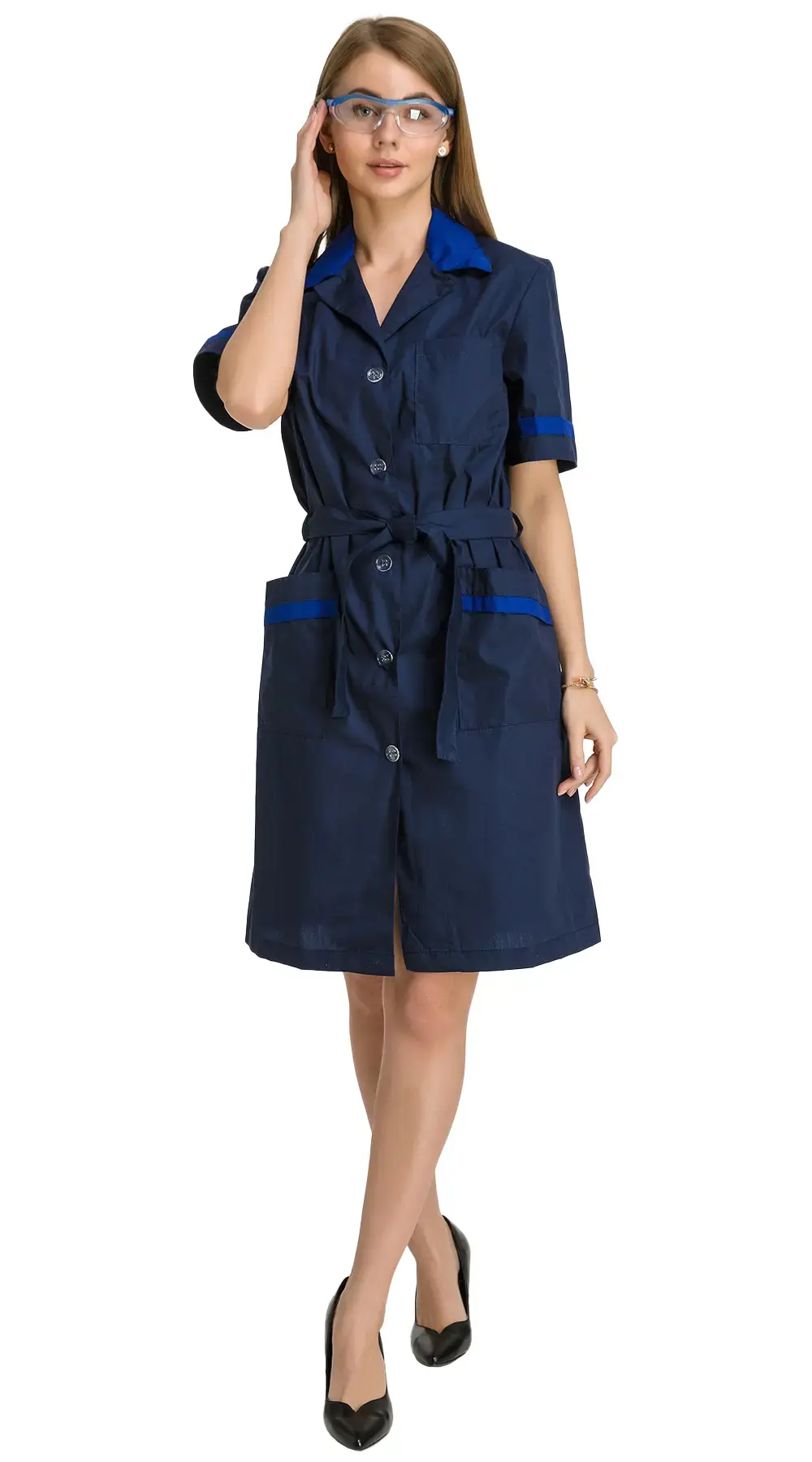 Халат рабочий женский летний RONTA HL508 темно-синий, васильковый