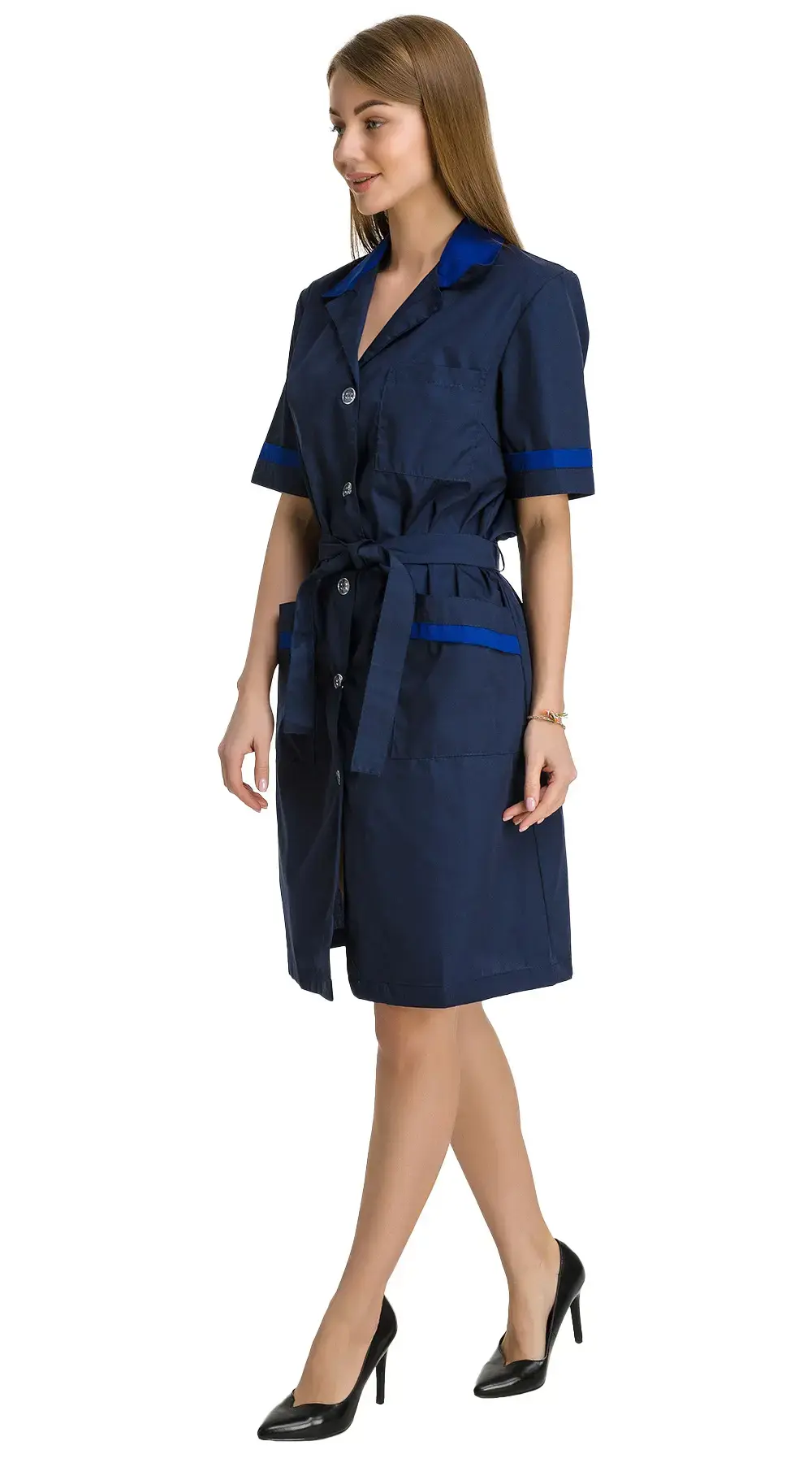 Халат рабочий женский летний RONTA HL508 темно-синий, васильковый