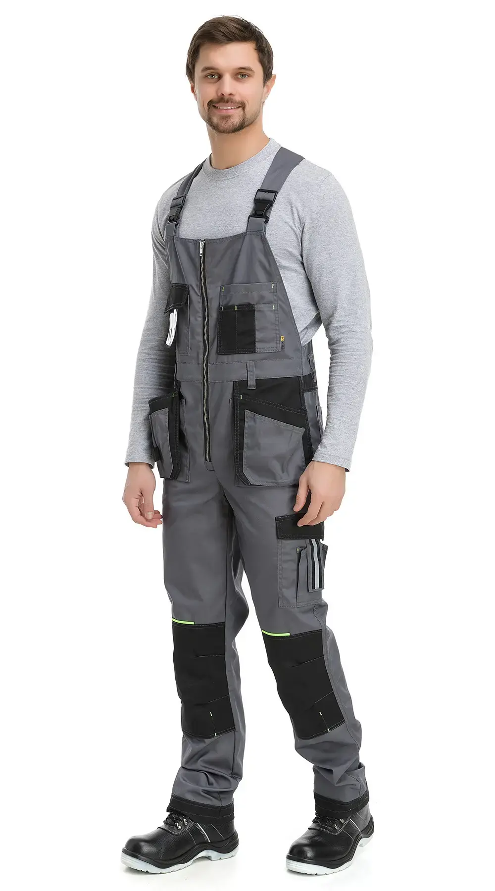 Полукомбинезон рабочий мужской летний RONTA PL205 темно-серый, черный, лаймовый