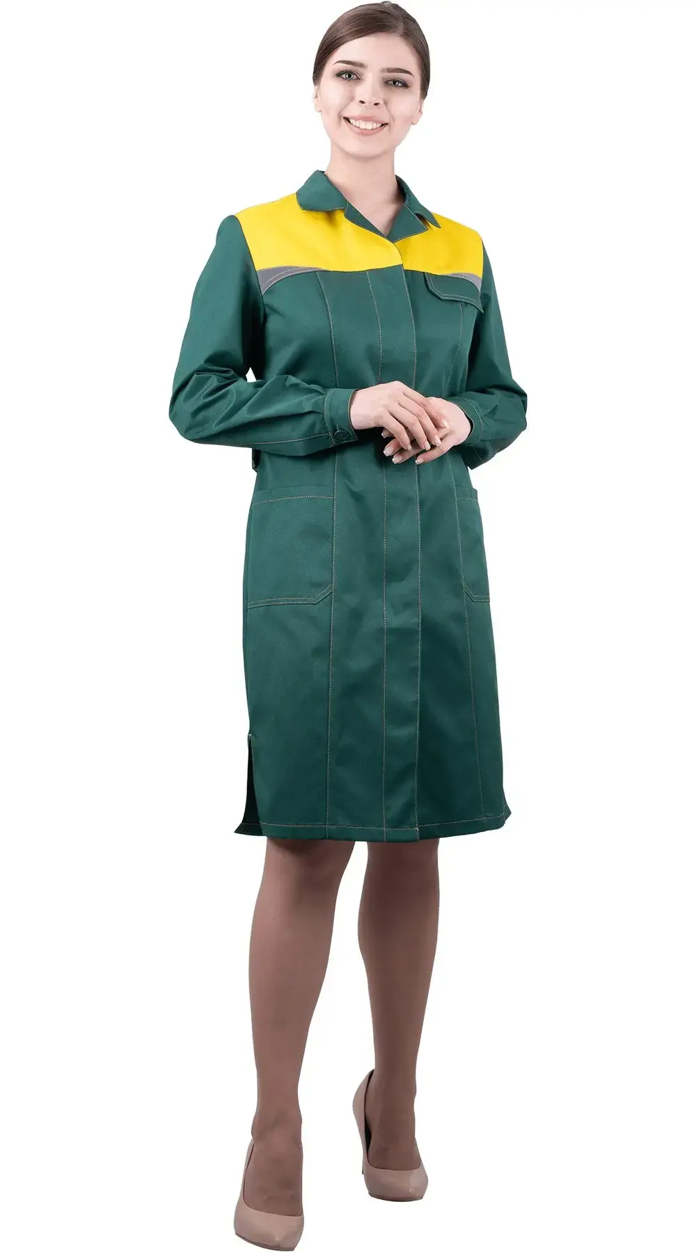 Халат рабочий женский летний RONTA HL9 темно-зеленый, желтый