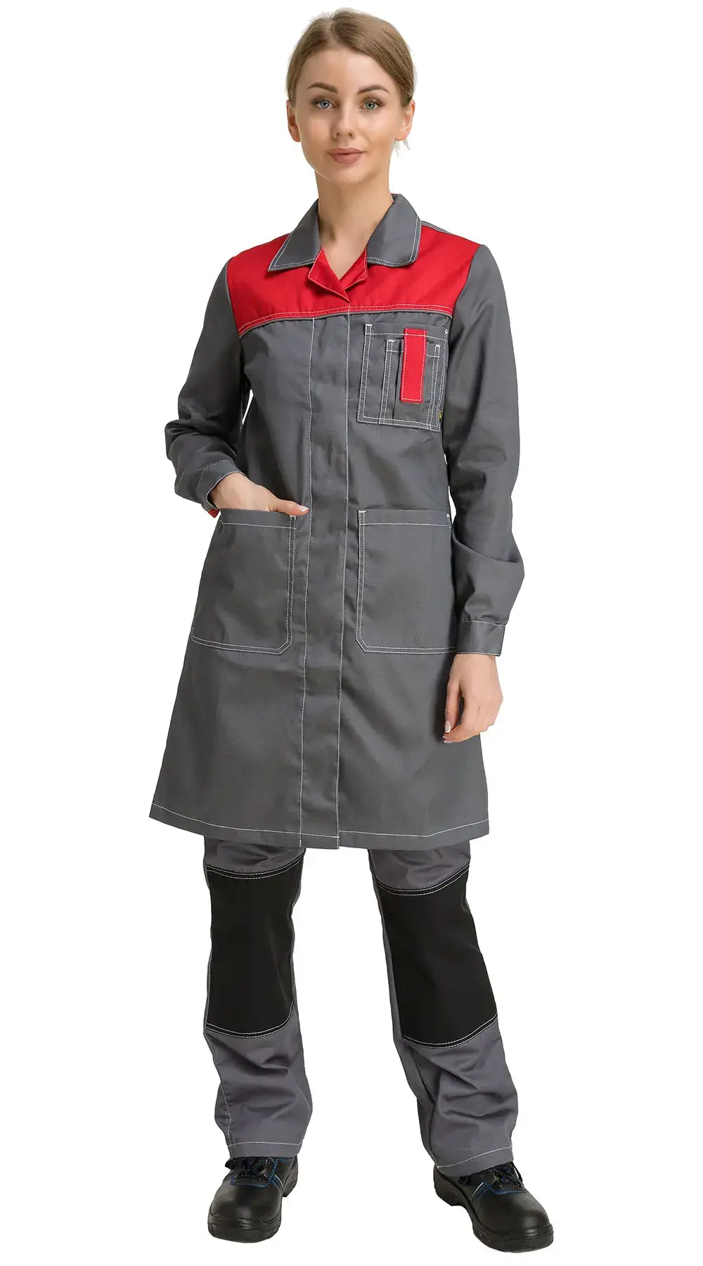 Халат рабочий женский летний RONTA HL101 темно-серый, красный