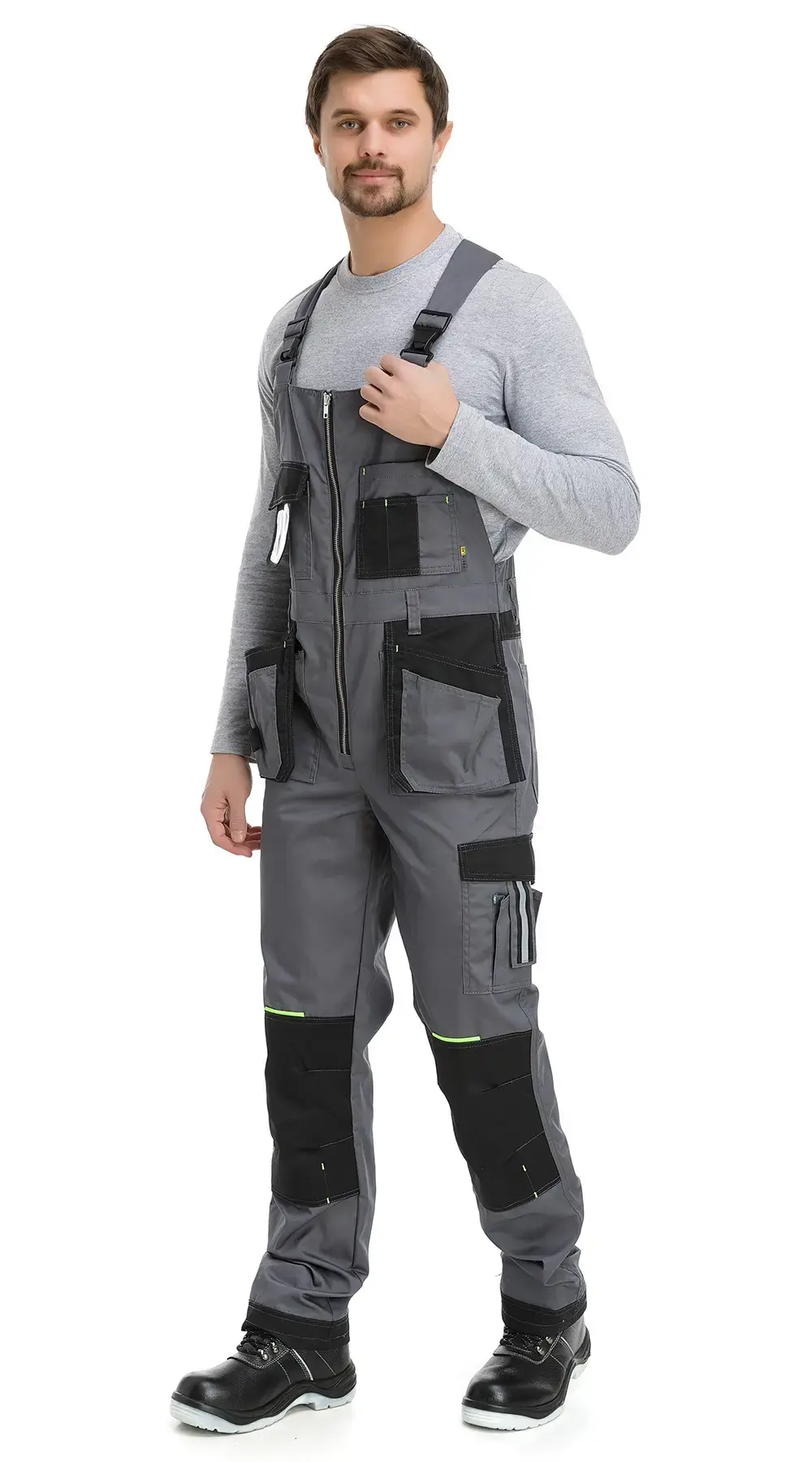 Полукомбинезон рабочий мужской летний RONTA PL205 темно-серый, черный, лаймовый