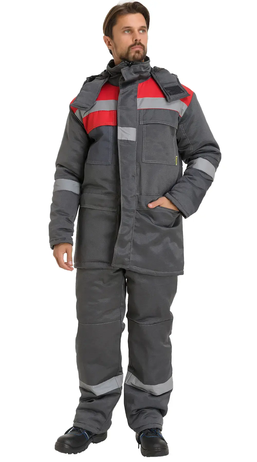 Костюм рабочий мужской утепленный зимний RONTA KS242 с полукомбинезоном темно-серый, красный