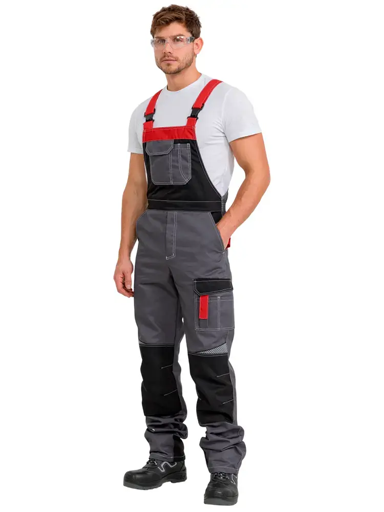 Полукомбинезон рабочий мужской летний RONTA PL207 темно-cерый, черный, красный
