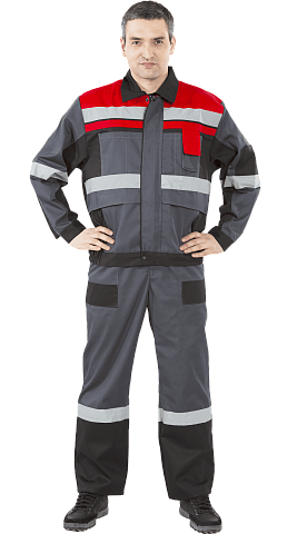 Костюм рабочий мужской летний RONTA KSVIVAT с полукомбинезоном светло-серый, черный, красный
